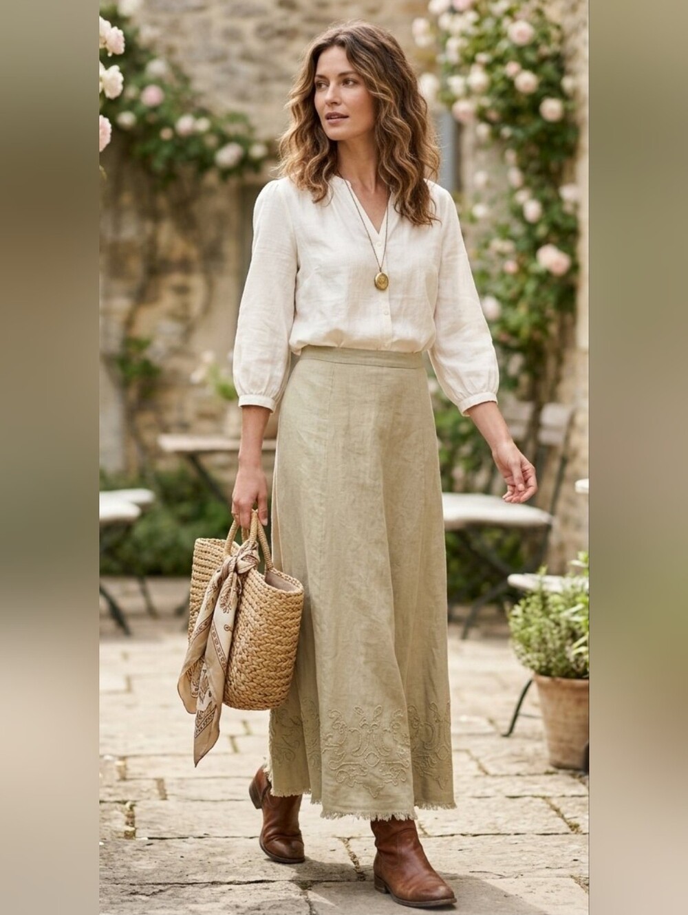 Buttermom Cottagecore Embroidered Hem  Linen light Green Maxi Skirt /EXTRA LONG